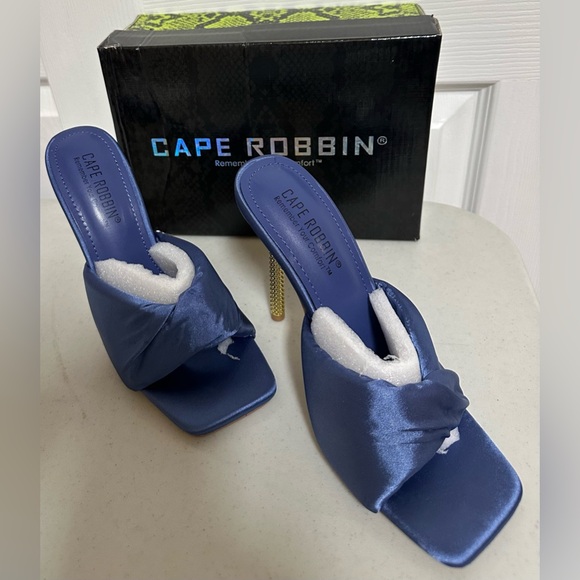 Cape Robbin Quin Blue Square Toe 5” Stiletto Gold High Heel Mules NWT - Picture 2 of 9